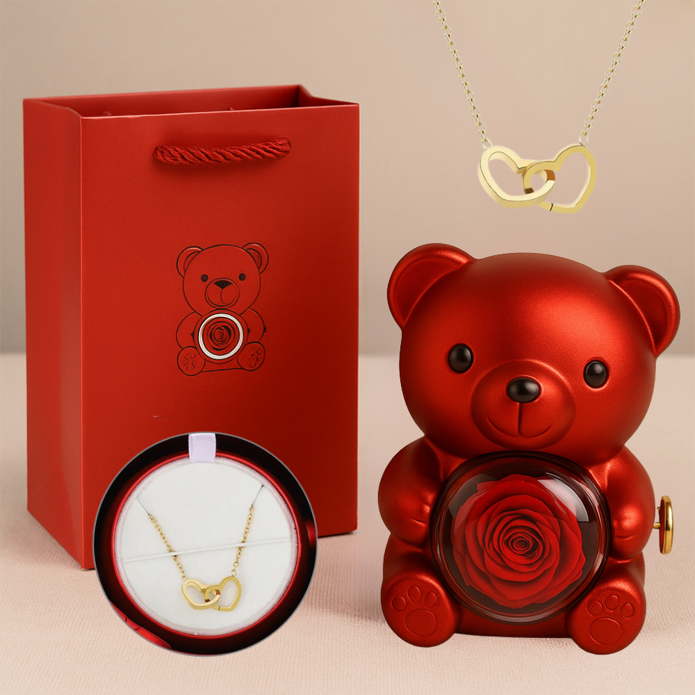 Ourson Avec Rose Éternelle - Collier Gravé