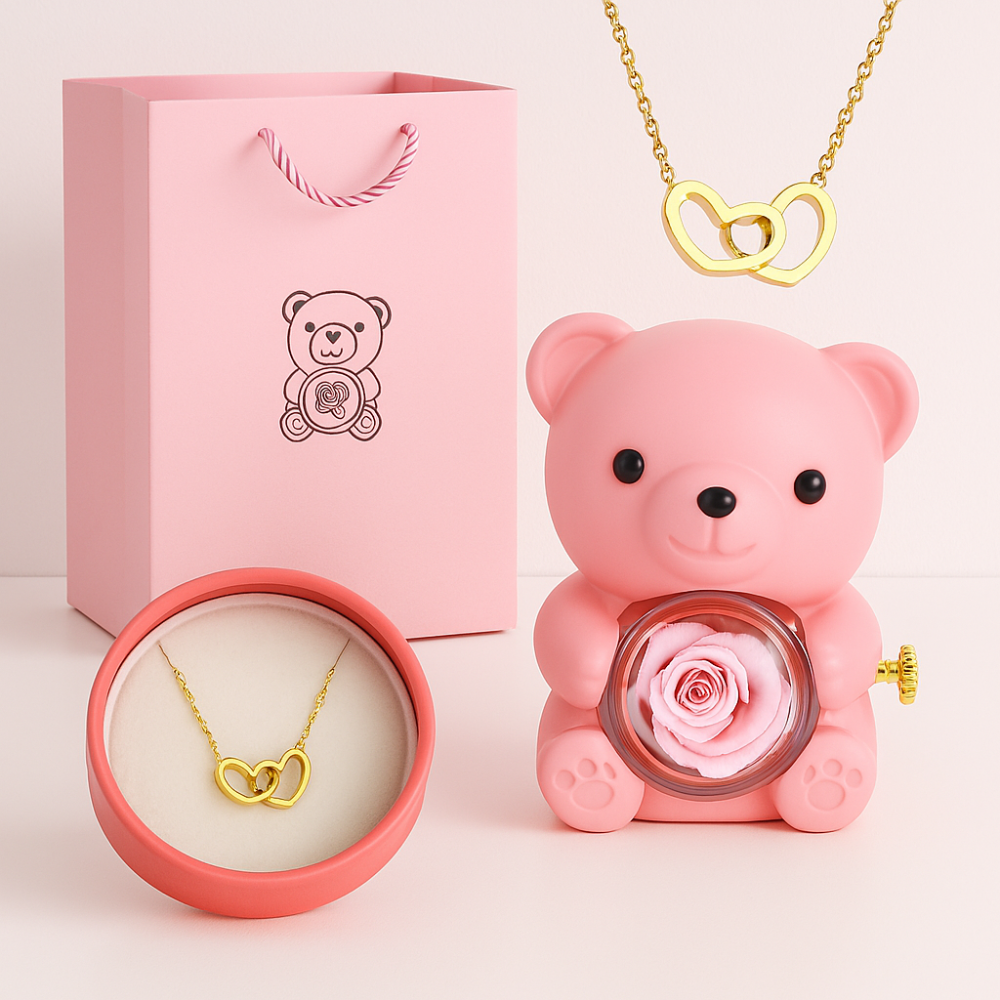 Ourson Avec Rose Éternelle - Collier Gravé