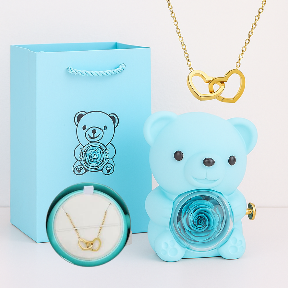 Ourson Avec Rose Éternelle - Collier Gravé