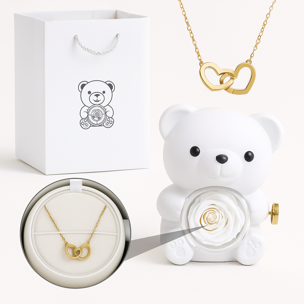 Ourson Avec Rose Éternelle - Collier Gravé